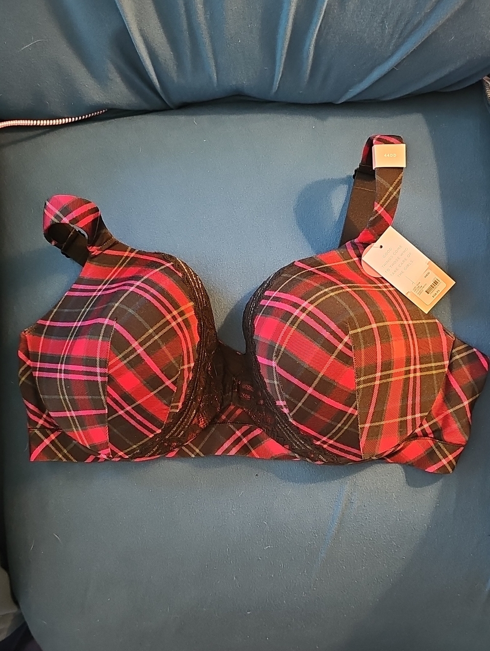 Cacique Pink and Black Plaid Underwire Bra with Lace Accent